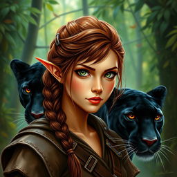 A captivating portrayal of a female ranger, a unique blend of half-elf and half-dwarf heritage