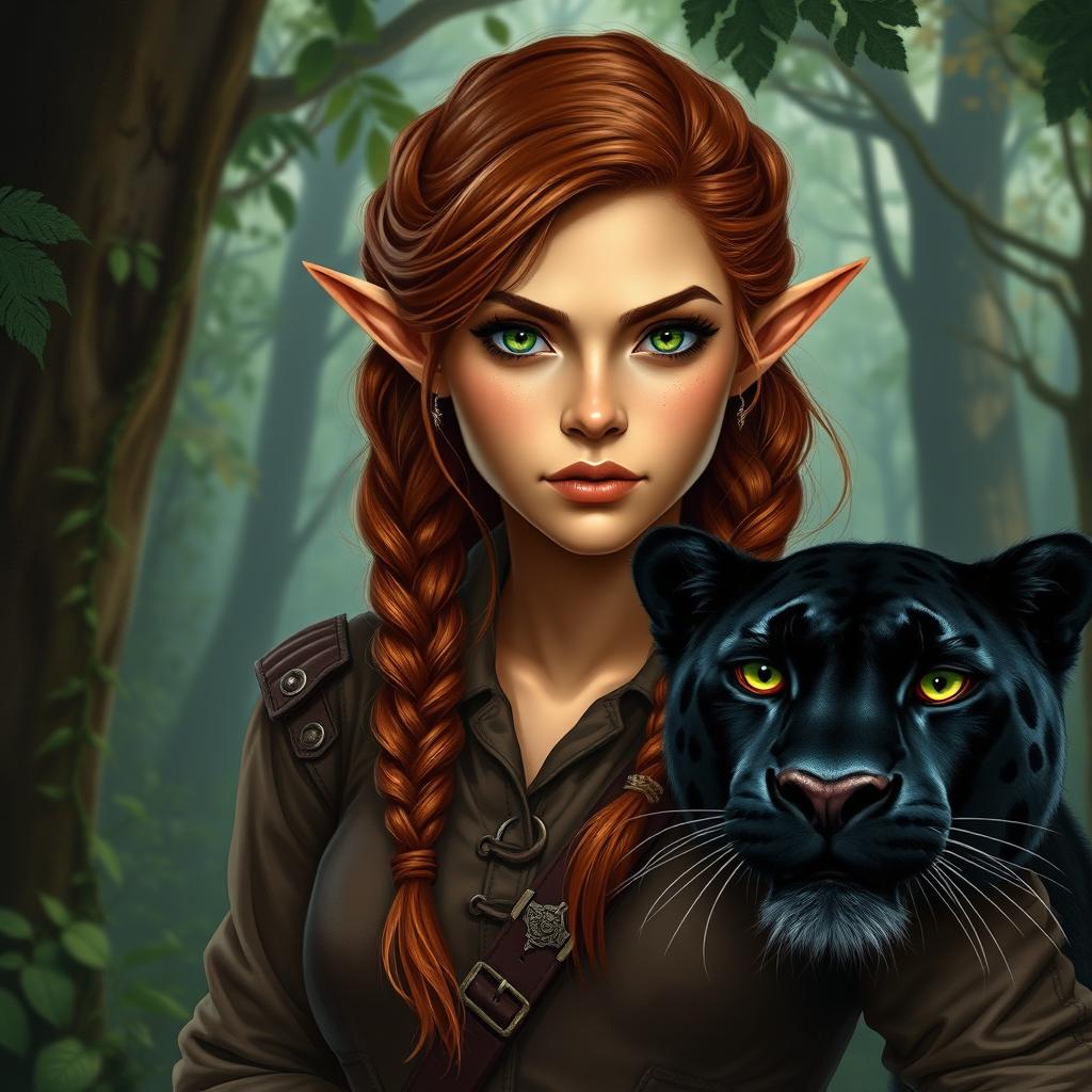 A captivating portrayal of a female ranger, a unique blend of half-elf and half-dwarf heritage