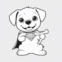 A charming, two-dimensional black and white outline of a puppy dressed as Superman enthusiastically eating a bone for a colouring page.