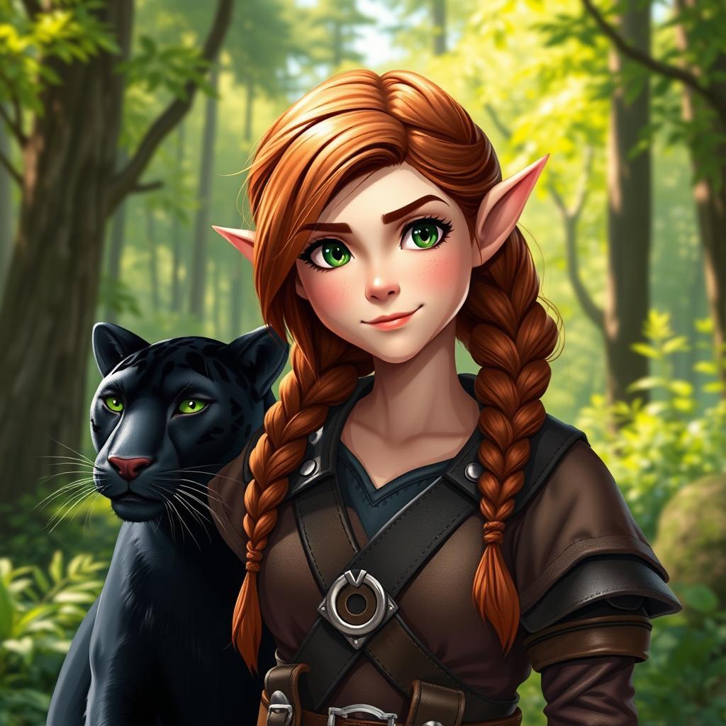 A charming portrayal of a female ranger, embodying a unique blend of half-elf and half-dwarf heritage