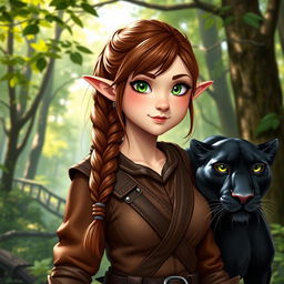 A charming portrayal of a female ranger, embodying a unique blend of half-elf and half-dwarf heritage