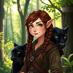 A charming portrayal of a female ranger, embodying a unique blend of half-elf and half-dwarf heritage