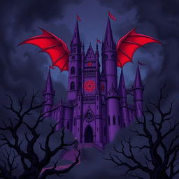 An anime-style illustration of a sinister purple castle, featuring sharply pointed, twisted towers and exaggerated grotesque details in a dark, gothic aesthetic