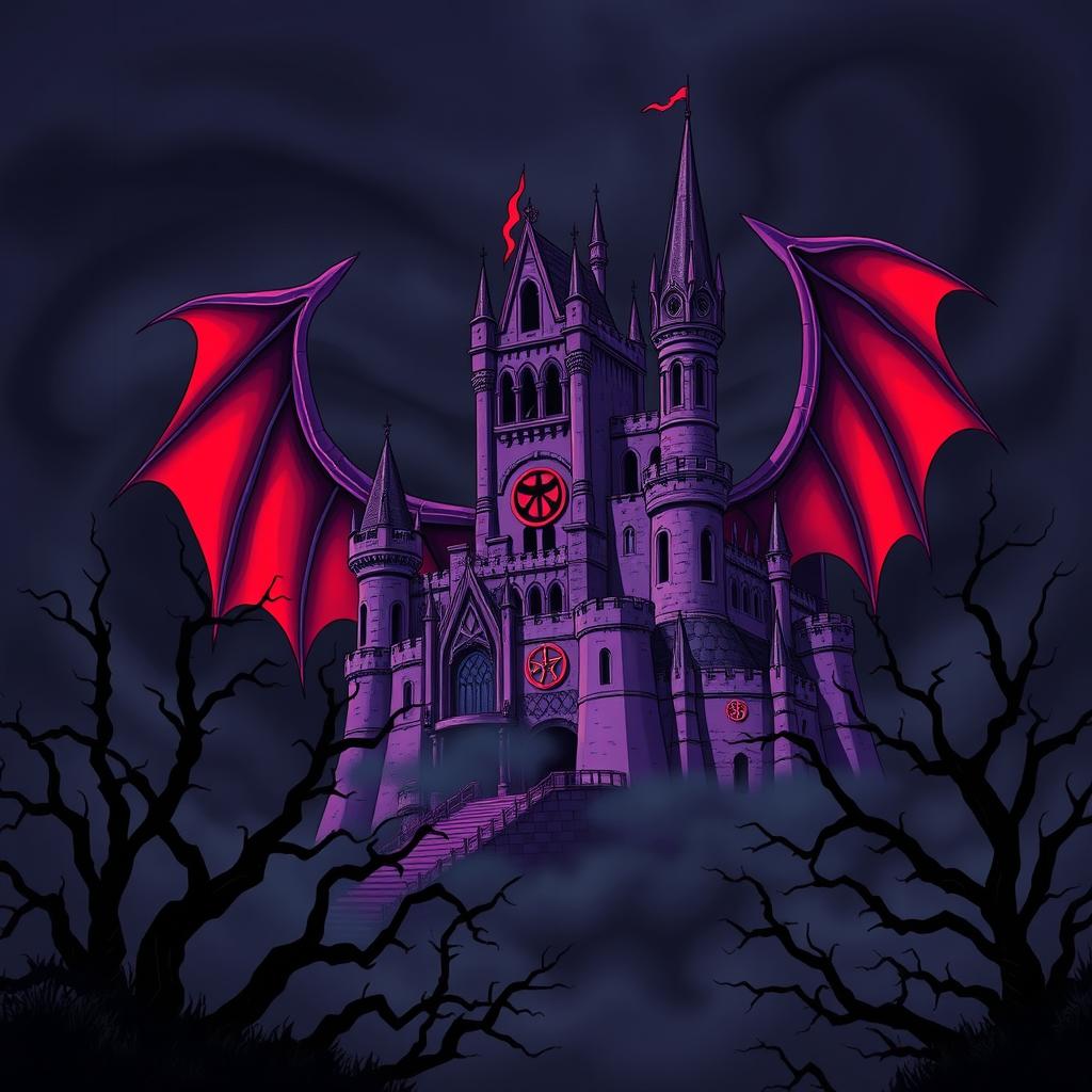 An anime-style illustration of a sinister purple castle, featuring sharply pointed, twisted towers and exaggerated grotesque details in a dark, gothic aesthetic