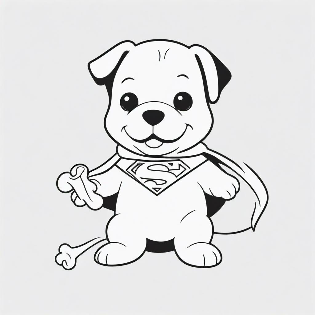 A charming, two-dimensional black and white outline of a puppy dressed as Superman enthusiastically eating a bone for a colouring page.