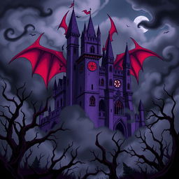 An anime-style illustration of a sinister purple castle, featuring sharply pointed, twisted towers and exaggerated grotesque details in a dark, gothic aesthetic