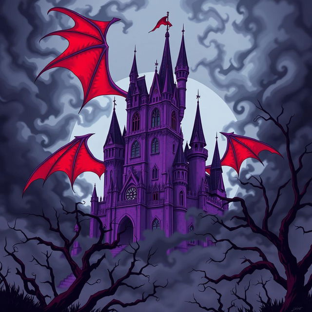 An anime-style illustration of a sinister purple castle, featuring sharply pointed, twisted towers and exaggerated grotesque details in a dark, gothic aesthetic