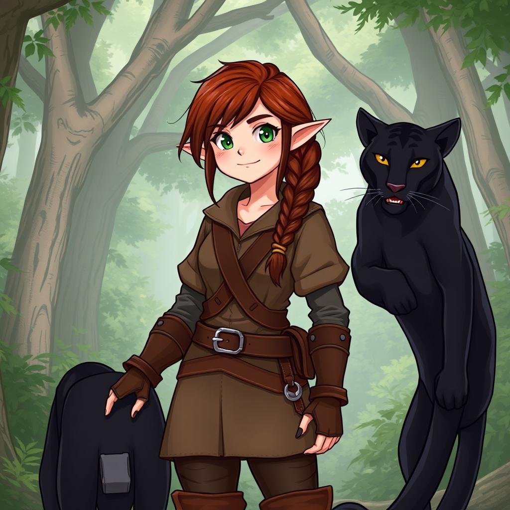 A full-body illustration of a female ranger, embodying the unique characteristics of a half-elf and half-dwarf