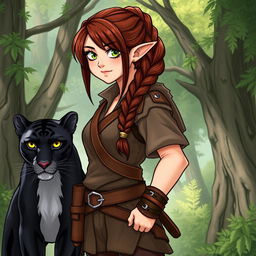 A full-body illustration of a female ranger, embodying the unique characteristics of a half-elf and half-dwarf