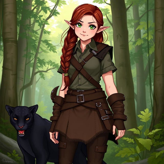 A full-body illustration of a female ranger, embodying the unique characteristics of a half-elf and half-dwarf