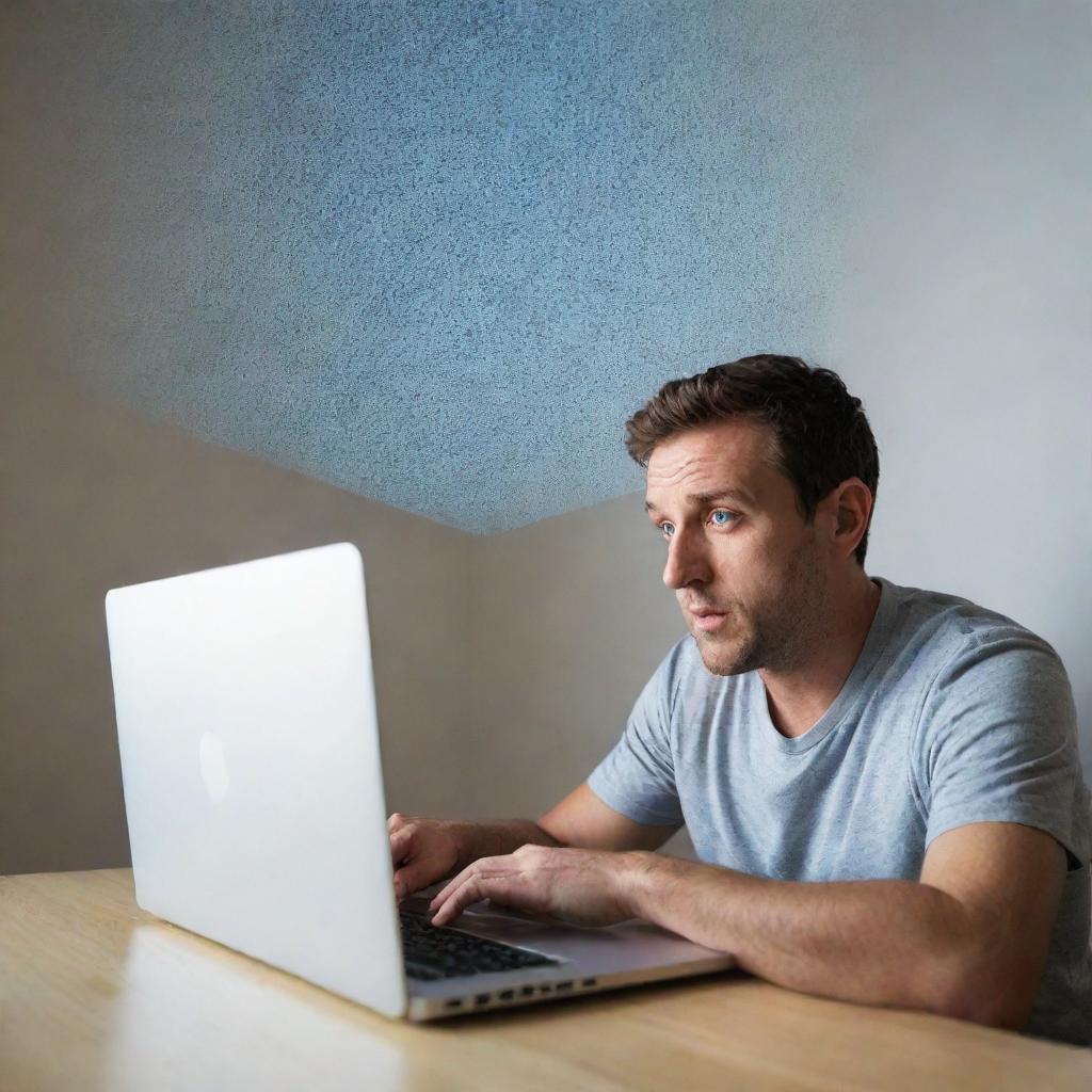 A man engrossed in working on his laptop, oblivious to a vividly real, larger-than-life version of the same laptop screen floating above him.