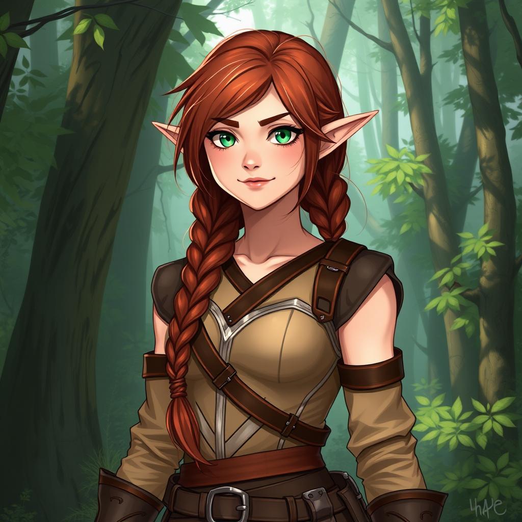 A striking full-body illustration of a female ranger, a unique combination of half-elf and half-dwarf