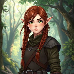 A striking full-body illustration of a female ranger, a unique combination of half-elf and half-dwarf