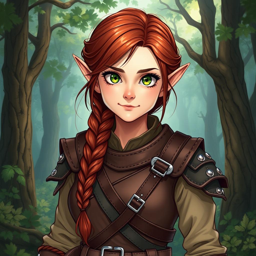 A striking full-body illustration of a female ranger, a unique combination of half-elf and half-dwarf