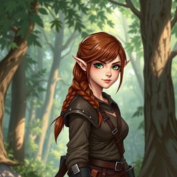 A striking full-body illustration of a female ranger, a unique combination of half-elf and half-dwarf