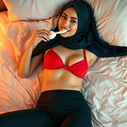 A full-body image of a woman wearing a hijab, casually lying down on a bed