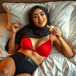 A full-body image of a woman wearing a hijab, casually lying down on a bed