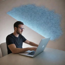 A man engrossed in working on his laptop, oblivious to a vividly real, larger-than-life version of the same laptop screen floating above him.