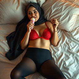 A full-body image of a woman wearing a hijab, casually lying down on a bed