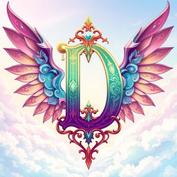 An anime-style illustration featuring a large, stylized letter 'D' at the center of the image, intricately designed with ornate patterns and vivid colors