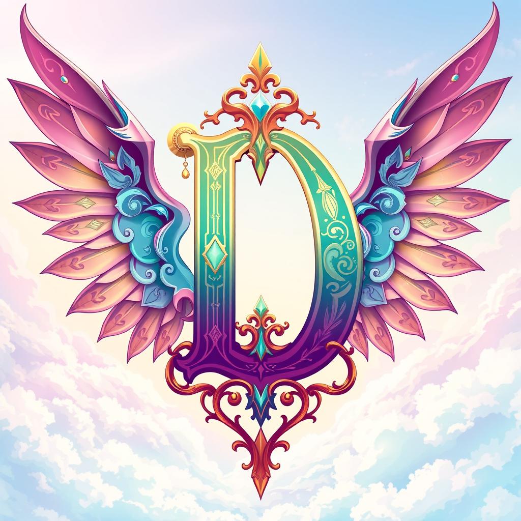 An anime-style illustration featuring a large, stylized letter 'D' at the center of the image, intricately designed with ornate patterns and vivid colors