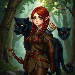 A captivating full-body illustration of a female ranger, showcasing her unique heritage as a half-elf and half-dwarf