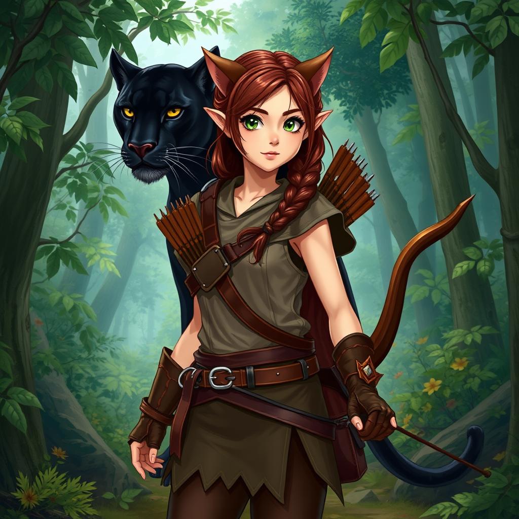 A captivating full-body illustration of a female ranger, showcasing her unique heritage as a half-elf and half-dwarf