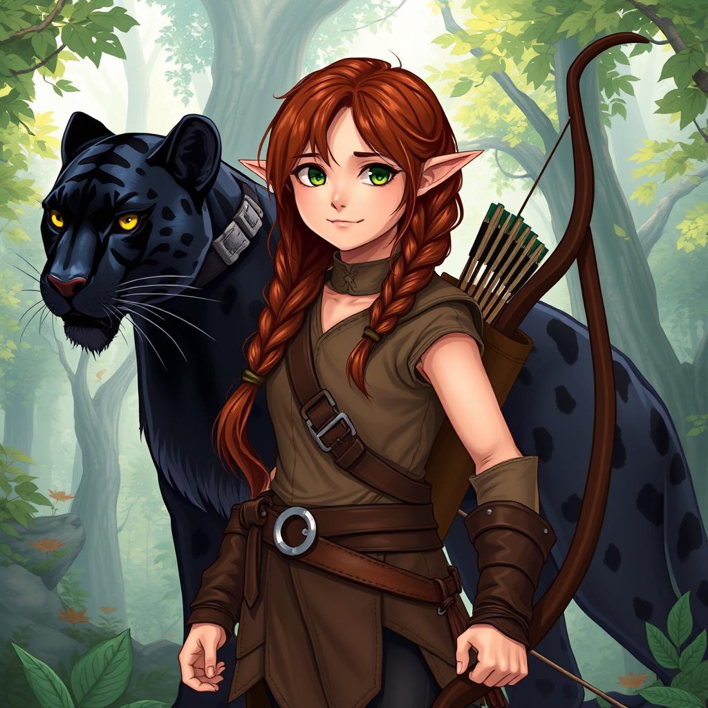 A captivating full-body illustration of a female ranger, showcasing her unique heritage as a half-elf and half-dwarf