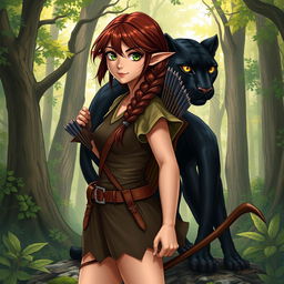 A captivating full-body illustration of a female ranger, showcasing her unique heritage as a half-elf and half-dwarf