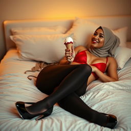 A full-body image of a woman wearing a hijab, elegantly lying down on a bed