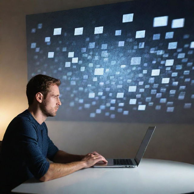 A man engrossed in working on his laptop, oblivious to a vividly real, larger-than-life version of the same laptop screen floating above him.