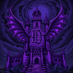 An ancient, sinister purple castle prominently featuring a large, stylized letter 'D' at its center