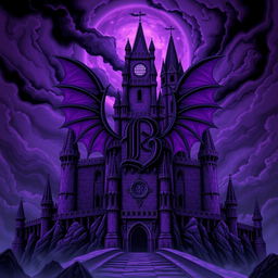 An ancient, sinister purple castle prominently featuring a large, stylized letter 'D' at its center