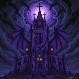 An ancient, sinister purple castle prominently featuring a large, stylized letter 'D' at its center