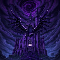 An ancient, sinister purple castle prominently featuring a large, stylized letter 'D' at its center