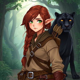 A full-body illustration of a female ranger, showcasing her unique heritage as a half-elf and half-dwarf