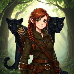 A full-body illustration of a female ranger, showcasing her unique heritage as a half-elf and half-dwarf