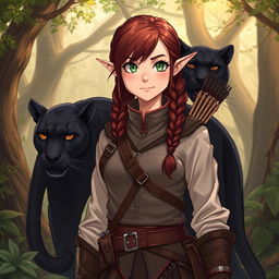 A full-body illustration of a female ranger, showcasing her unique heritage as a half-elf and half-dwarf