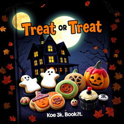 A spooky and festive book cover for a Halloween cookbook titled 'Treat or Treat'