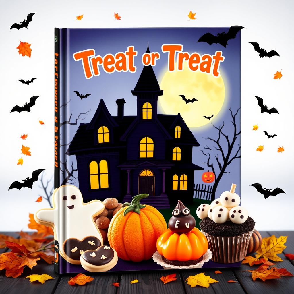 A spooky and festive book cover for a Halloween cookbook titled 'Treat or Treat'