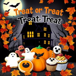 A spooky and festive book cover for a Halloween cookbook titled 'Treat or Treat'