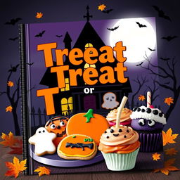 A spooky and festive book cover for a Halloween cookbook titled 'Treat or Treat'