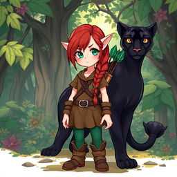 A vibrant full-body illustration of a female character, a unique blend of half-elf and half-dwarf