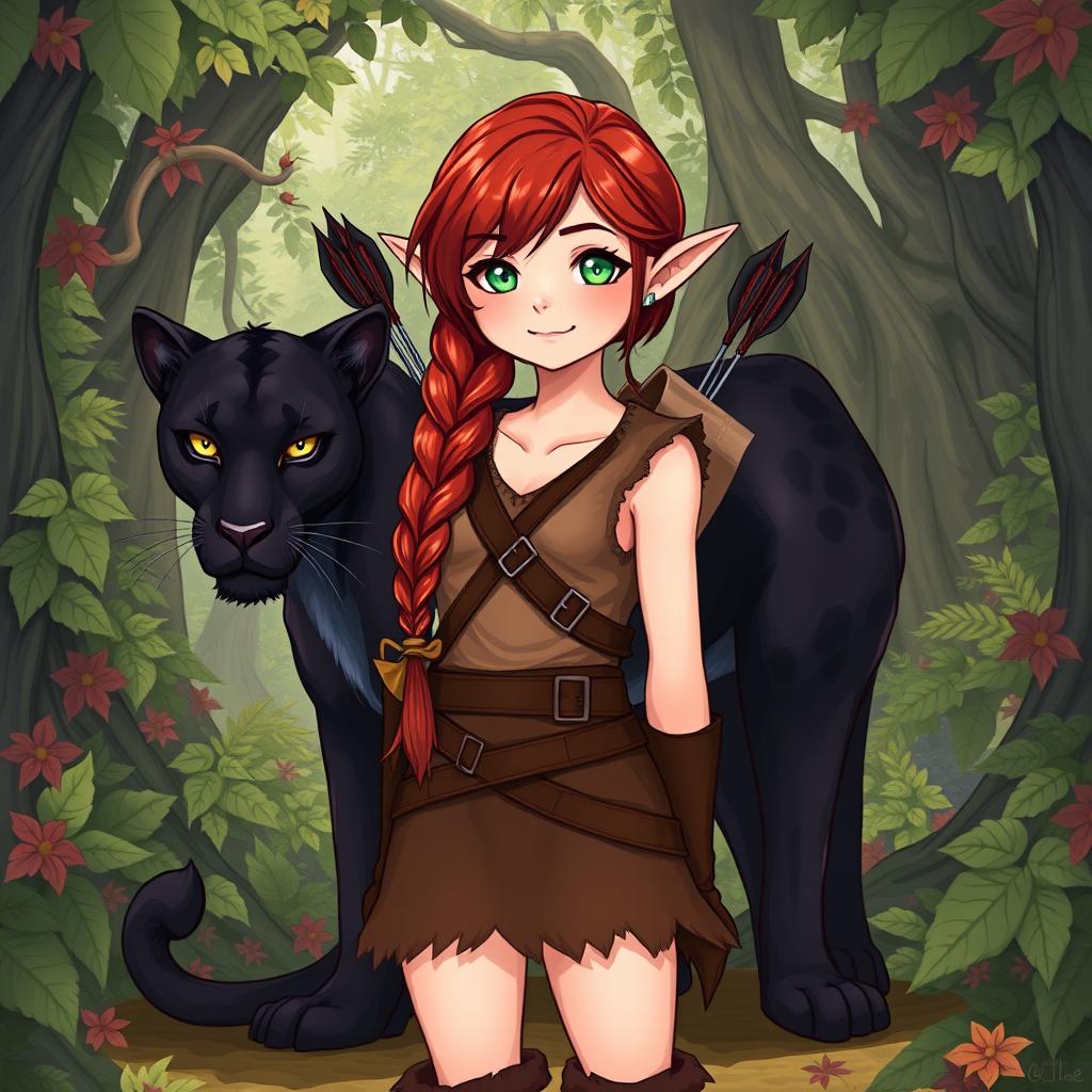 A vibrant full-body illustration of a female character, a unique blend of half-elf and half-dwarf