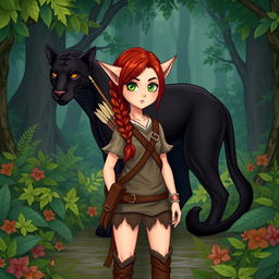 A vibrant full-body illustration of a female character, a unique blend of half-elf and half-dwarf