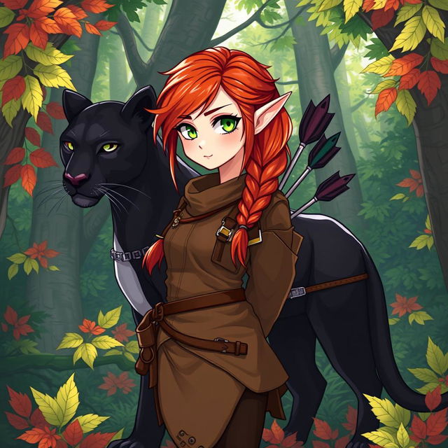 A vibrant full-body illustration of a female character, a unique blend of half-elf and half-dwarf