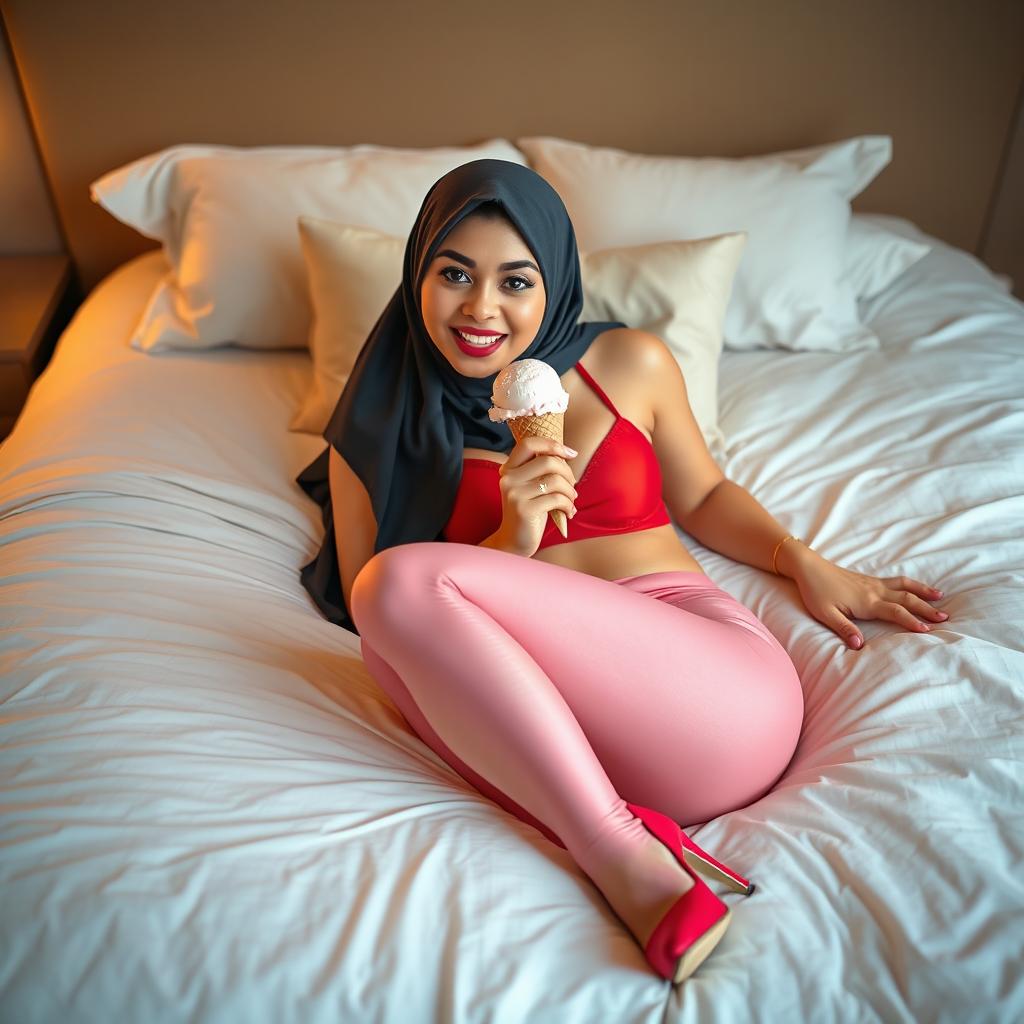 A full-body image of a woman wearing a hijab, gracefully lying down on a bed