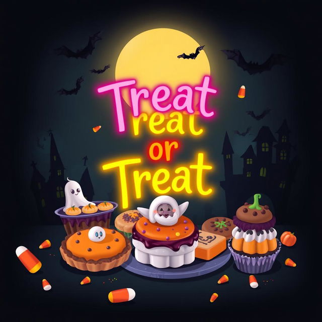 A spooky yet inviting book cover design for a Halloween-themed cookbook titled "Treat or Treat"