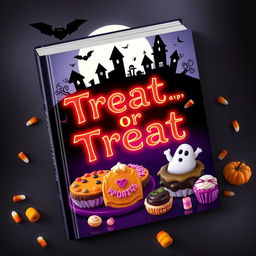 A spooky yet inviting book cover design for a Halloween-themed cookbook titled "Treat or Treat"