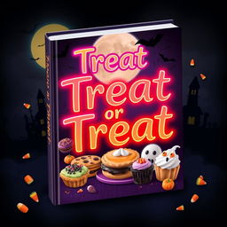 A spooky yet inviting book cover design for a Halloween-themed cookbook titled "Treat or Treat"